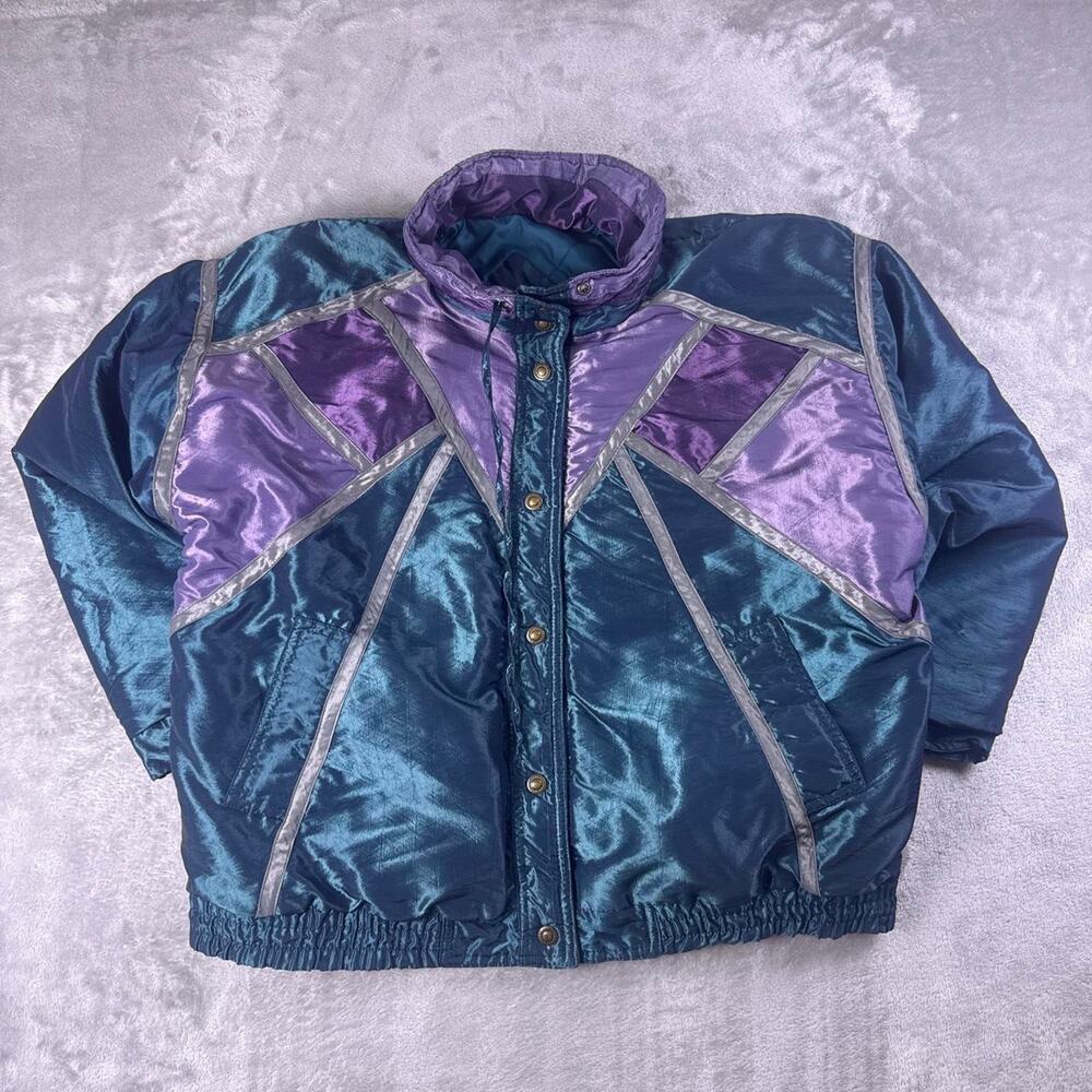 Vintage 80s Outbrook Iridescent Colorblock Puffer Jacket Teal Purple Small